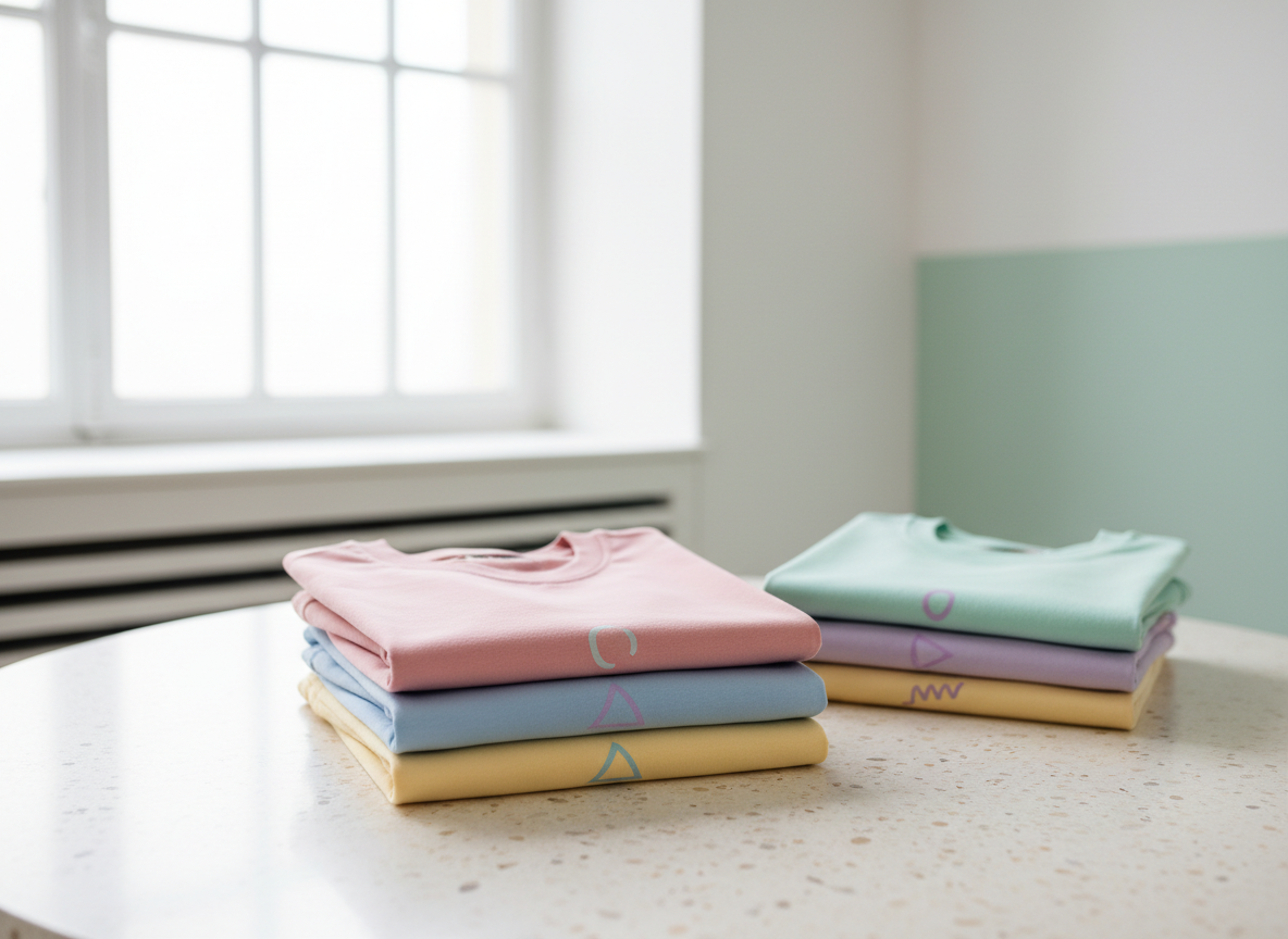 A neatly folded stack of premium cotton t-shirts arranged in a gentle arc on a pale terrazzo table, each shirt featuring a different 90s-inspired pastel color palette and subtle abstract icon where a motivational quote would appear, without readable text. The scene is set in a bright, minimalist studio with soft white walls and a hint of mint-green accent in the background. Diffused daylight from a large window washes over the fabric, revealing its fine texture and crisp seams. Shot at eye level with a shallow depth of field, the front shirt in sharp focus and the rest softly blurred, the photographic style feels playful yet refined, evoking nostalgic 90s Italian fashion catalog vibes.